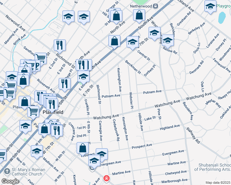 map of restaurants, bars, coffee shops, grocery stores, and more near 1113 Putnam Avenue in Plainfield