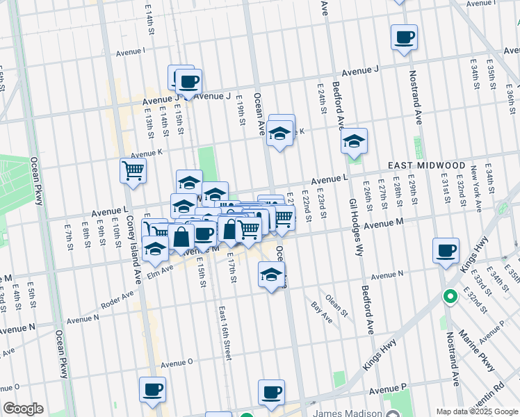 map of restaurants, bars, coffee shops, grocery stores, and more near 1724 Ocean Avenue in Brooklyn
