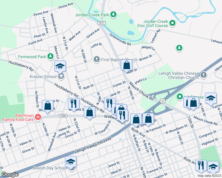 map of restaurants, bars, coffee shops, grocery stores, and more near 1620 State Route 1019 in Allentown