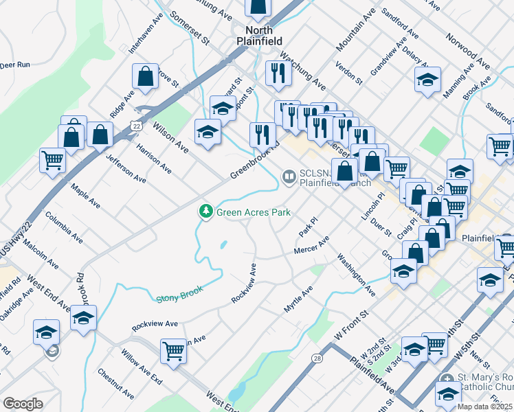 map of restaurants, bars, coffee shops, grocery stores, and more near 34 Rockview Avenue in North Plainfield