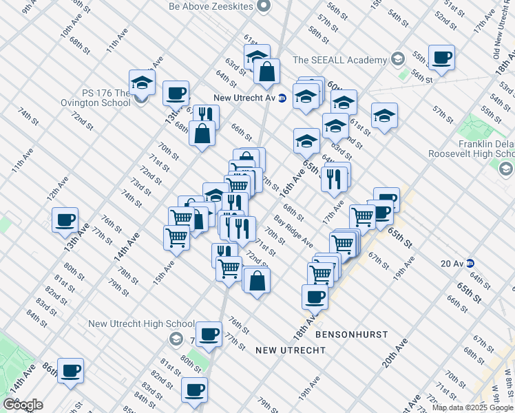 map of restaurants, bars, coffee shops, grocery stores, and more near 1564 Bay Ridge Avenue in Brooklyn