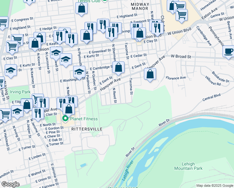 map of restaurants, bars, coffee shops, grocery stores, and more near 638 North Sherman Street in Allentown