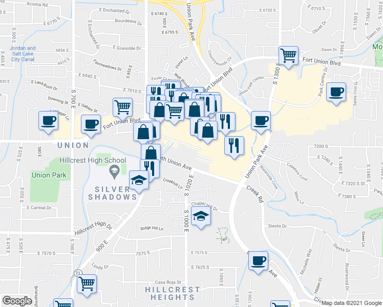 map of restaurants, bars, coffee shops, grocery stores, and more near 985 East 7240 South in Midvale