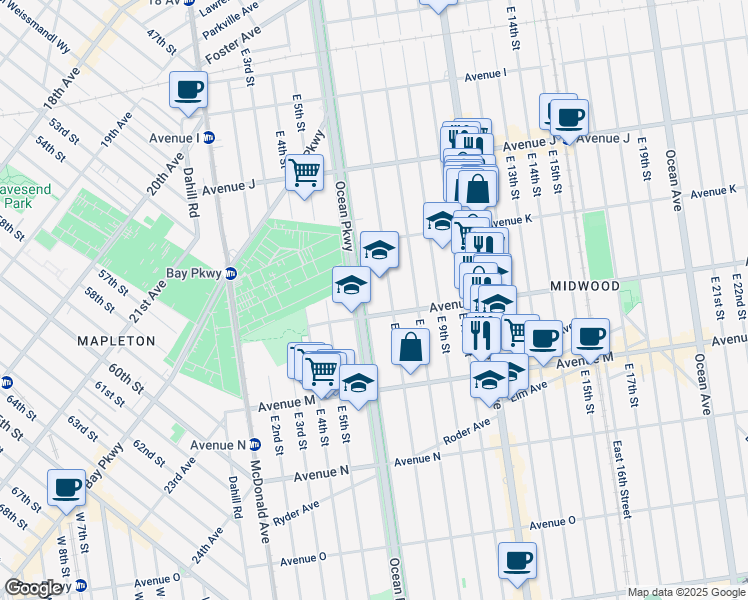 map of restaurants, bars, coffee shops, grocery stores, and more near 1187 Ocean Parkway in Brooklyn