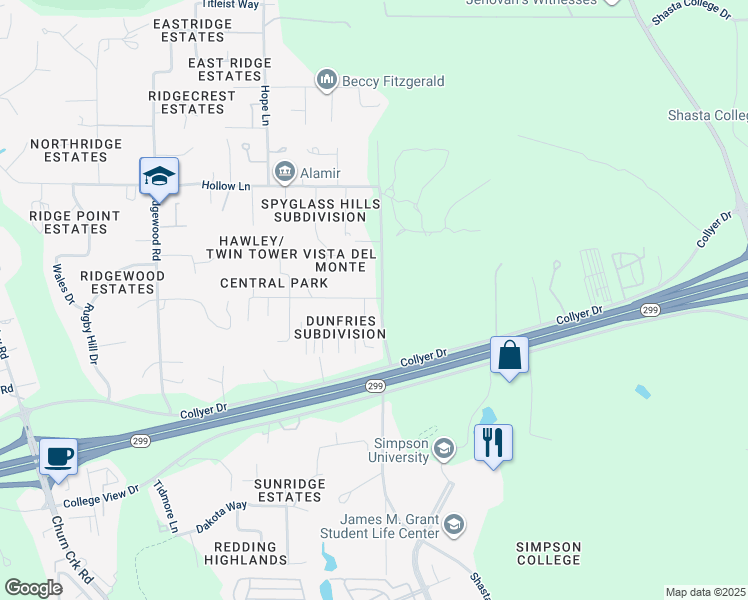 map of restaurants, bars, coffee shops, grocery stores, and more near 19493 Posey Lane in Redding