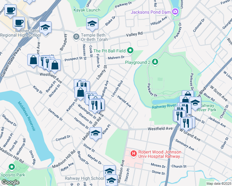 map of restaurants, bars, coffee shops, grocery stores, and more near 16 Harold Avenue in Clark