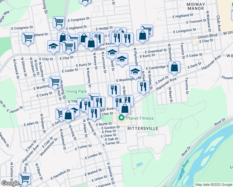 map of restaurants, bars, coffee shops, grocery stores, and more near 705 North Maxwell Street in Allentown
