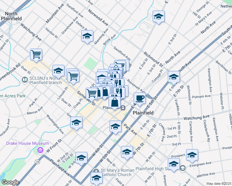 map of restaurants, bars, coffee shops, grocery stores, and more near 127 Watchung Avenue in Plainfield