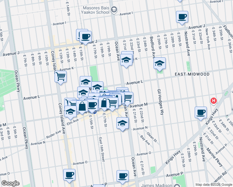 map of restaurants, bars, coffee shops, grocery stores, and more near 1718 Ocean Avenue in Brooklyn