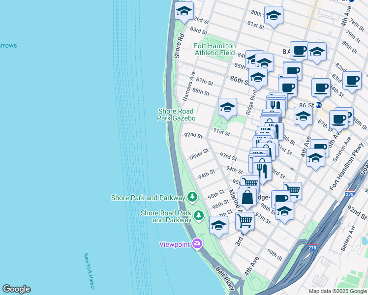 map of restaurants, bars, coffee shops, grocery stores, and more near 9229 Shore Road in Brooklyn