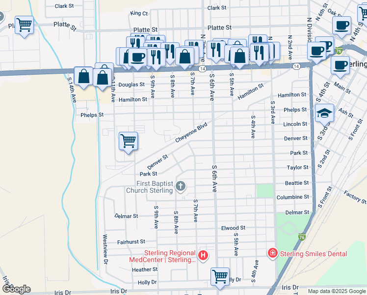 map of restaurants, bars, coffee shops, grocery stores, and more near 703 Denver Street in Sterling