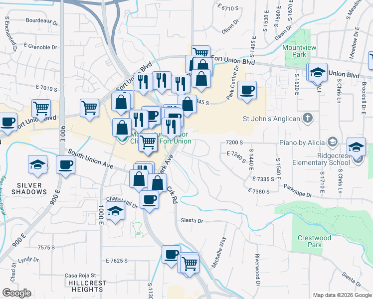 map of restaurants, bars, coffee shops, grocery stores, and more near 1282 Ridge Meadow Lane in Midvale
