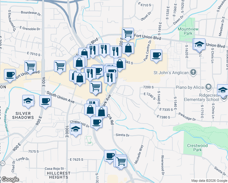 map of restaurants, bars, coffee shops, grocery stores, and more near 7206 Union Park Avenue in Midvale