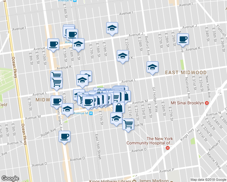map of restaurants, bars, coffee shops, grocery stores, and more near 1724 Ocean Avenue in Brooklyn