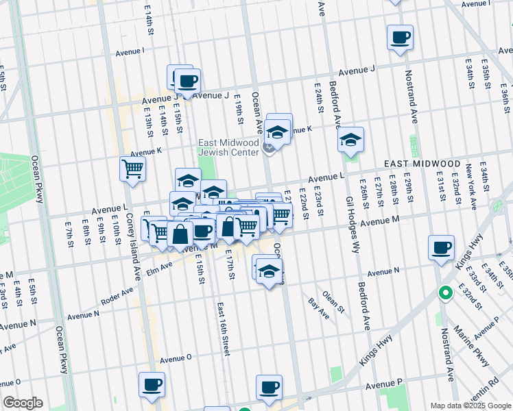 map of restaurants, bars, coffee shops, grocery stores, and more near 1724 Ocean Avenue in Brooklyn