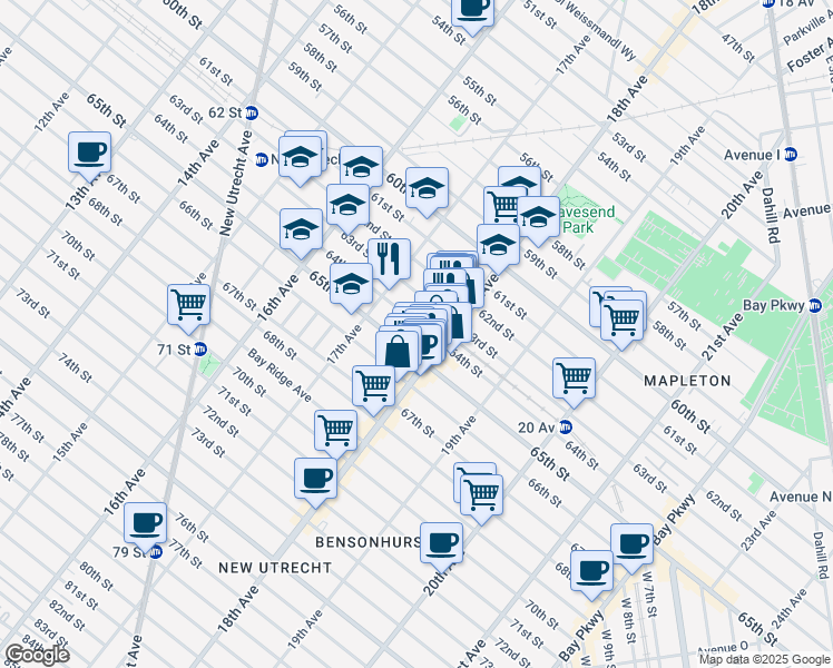 map of restaurants, bars, coffee shops, grocery stores, and more near 1762 64th Street in Brooklyn