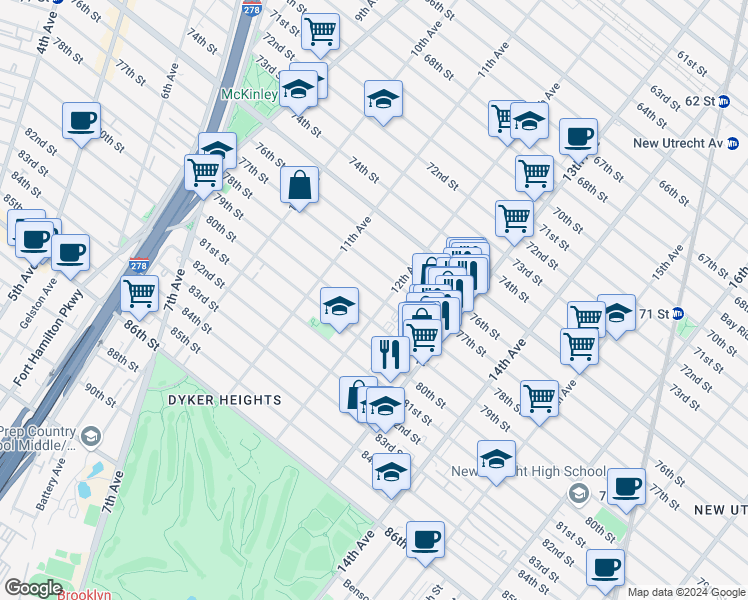 map of restaurants, bars, coffee shops, grocery stores, and more near 7724 12th Avenue in Brooklyn
