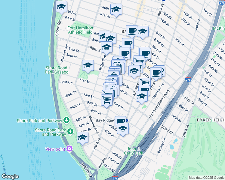 map of restaurants, bars, coffee shops, grocery stores, and more near 290 91st Street in Brooklyn