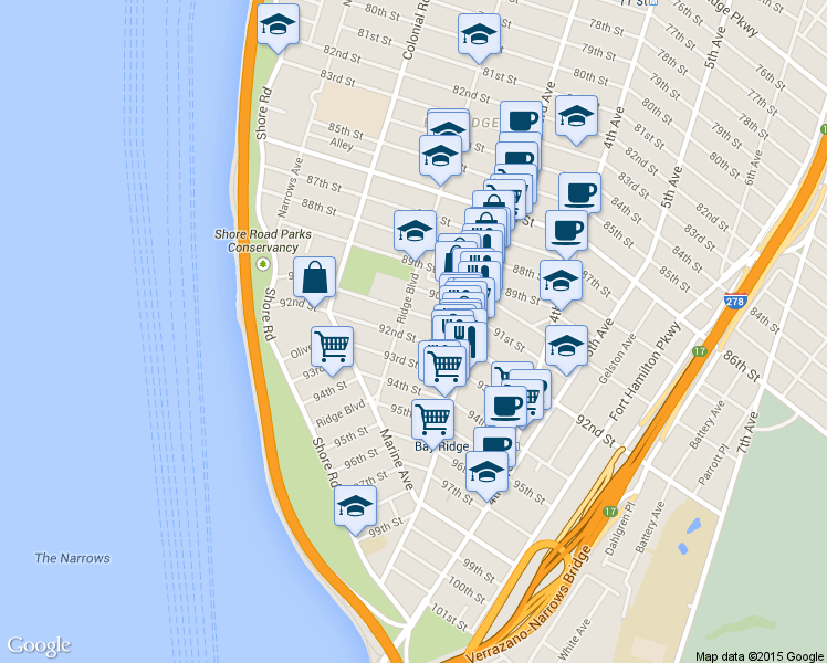 map of restaurants, bars, coffee shops, grocery stores, and more near 9115 Ridge Boulevard in Brooklyn