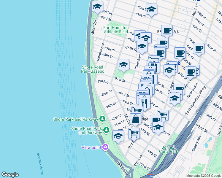 map of restaurants, bars, coffee shops, grocery stores, and more near 61 Oliver Street in Brooklyn
