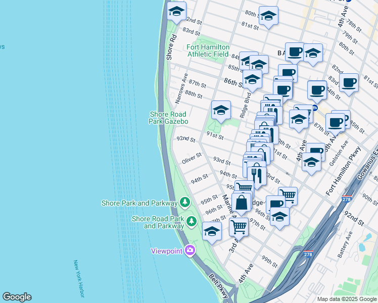 map of restaurants, bars, coffee shops, grocery stores, and more near 61 Oliver Street in Brooklyn