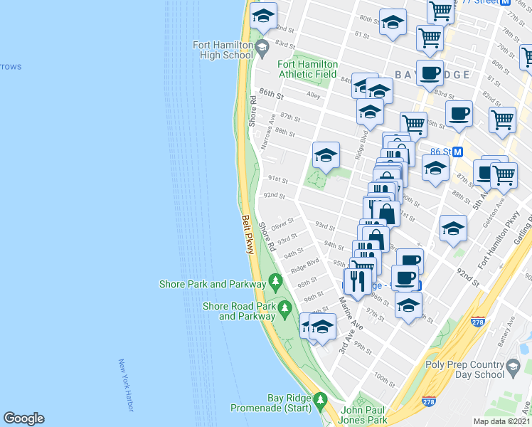 map of restaurants, bars, coffee shops, grocery stores, and more near 9229 Shore Road in Brooklyn
