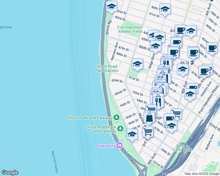 map of restaurants, bars, coffee shops, grocery stores, and more near 9229 Shore Road in Brooklyn