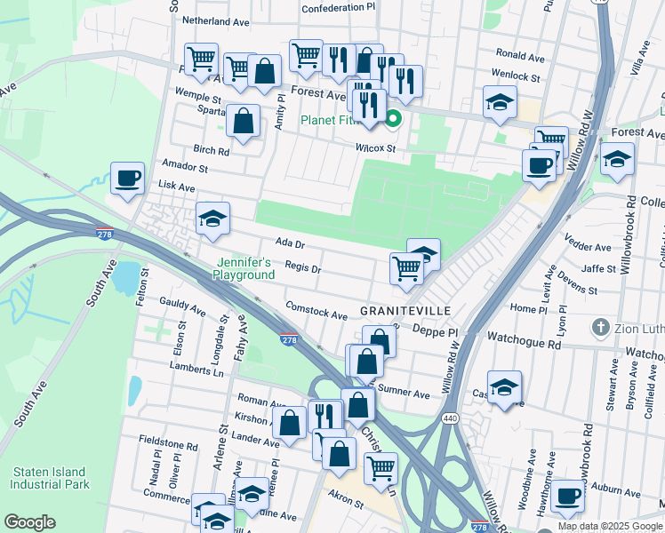 map of restaurants, bars, coffee shops, grocery stores, and more near 113 Regis Drive in Staten Island