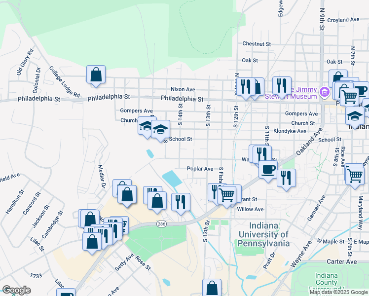 map of restaurants, bars, coffee shops, grocery stores, and more near 250 South 14th Street in Indiana