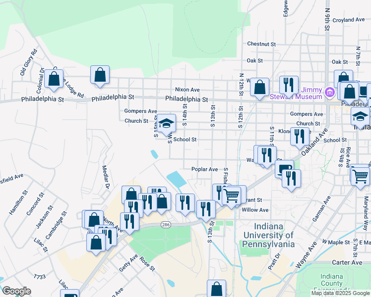 map of restaurants, bars, coffee shops, grocery stores, and more near 250 South 14th Street in Indiana