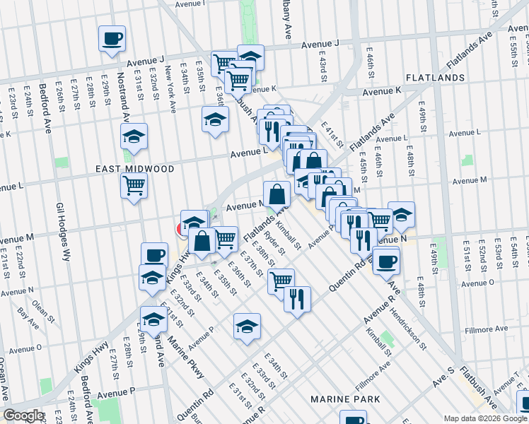 map of restaurants, bars, coffee shops, grocery stores, and more near 1396 East 38th Street in Brooklyn