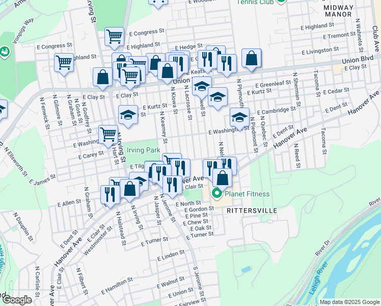 map of restaurants, bars, coffee shops, grocery stores, and more near 712 North Lacrosse Street in Allentown