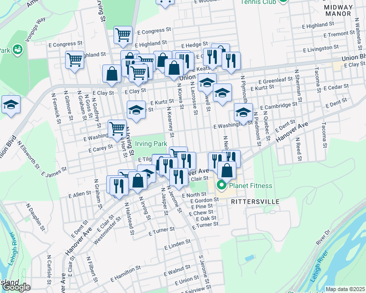 map of restaurants, bars, coffee shops, grocery stores, and more near 716 North Kiowa Street in Allentown
