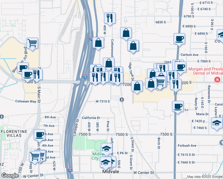 map of restaurants, bars, coffee shops, grocery stores, and more near 7200 Cottonwood Street in Midvale