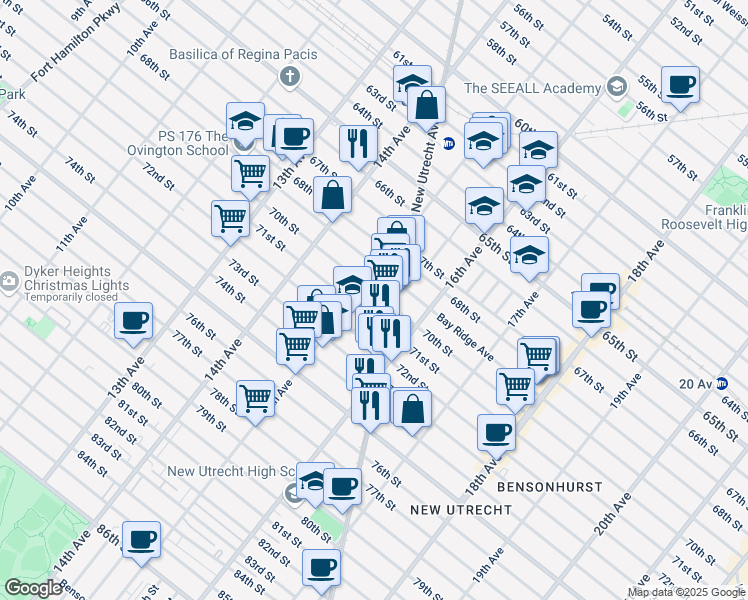 map of restaurants, bars, coffee shops, grocery stores, and more near 1518 70th Street in Brooklyn