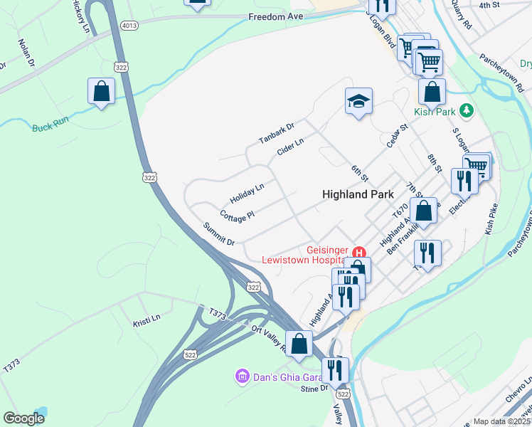 map of restaurants, bars, coffee shops, grocery stores, and more near 321 Cottage Place in Lewistown