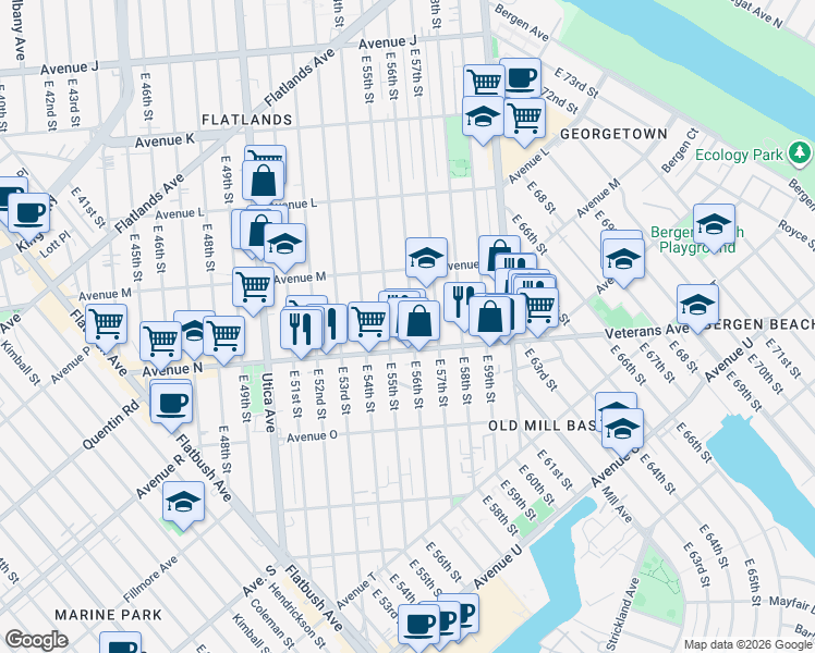 map of restaurants, bars, coffee shops, grocery stores, and more near 1460 East 56th Street in Brooklyn