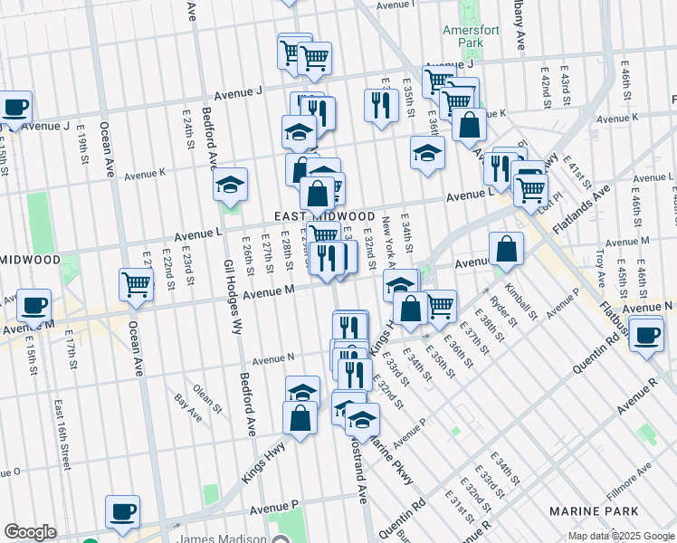 map of restaurants, bars, coffee shops, grocery stores, and more near 2647 Nostrand Avenue in Brooklyn