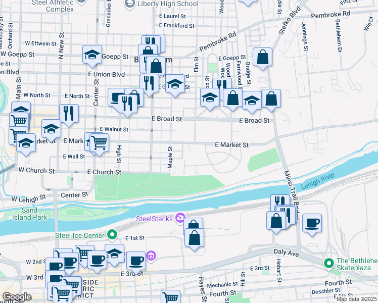 map of restaurants, bars, coffee shops, grocery stores, and more near 454 West Village Circle in Bethlehem