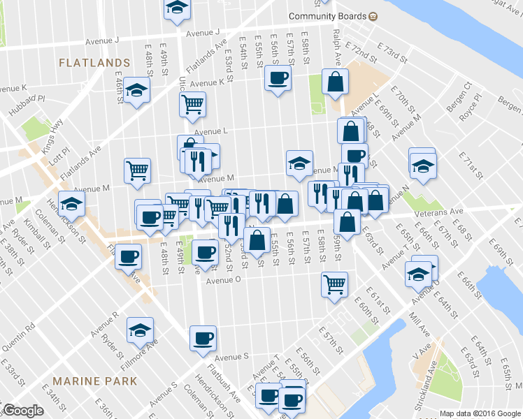 map of restaurants, bars, coffee shops, grocery stores, and more near 1541 East 54th Street in Brooklyn