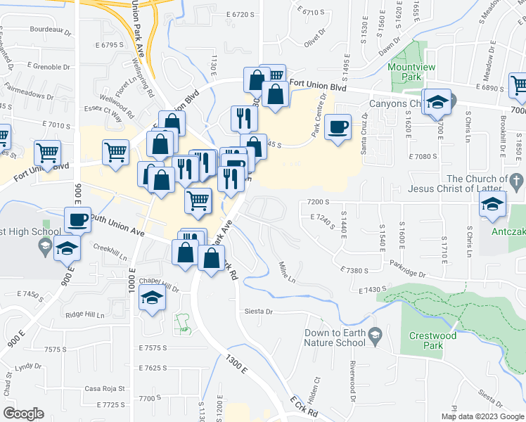 map of restaurants, bars, coffee shops, grocery stores, and more near 1285 Ridge Meadow Lane in Cottonwood Heights