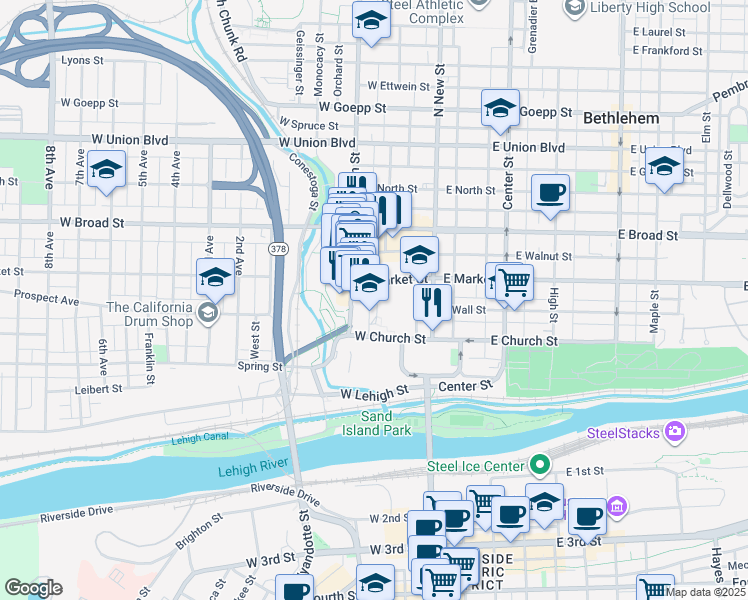 map of restaurants, bars, coffee shops, grocery stores, and more near 440 Heckewelder Place in Bethlehem