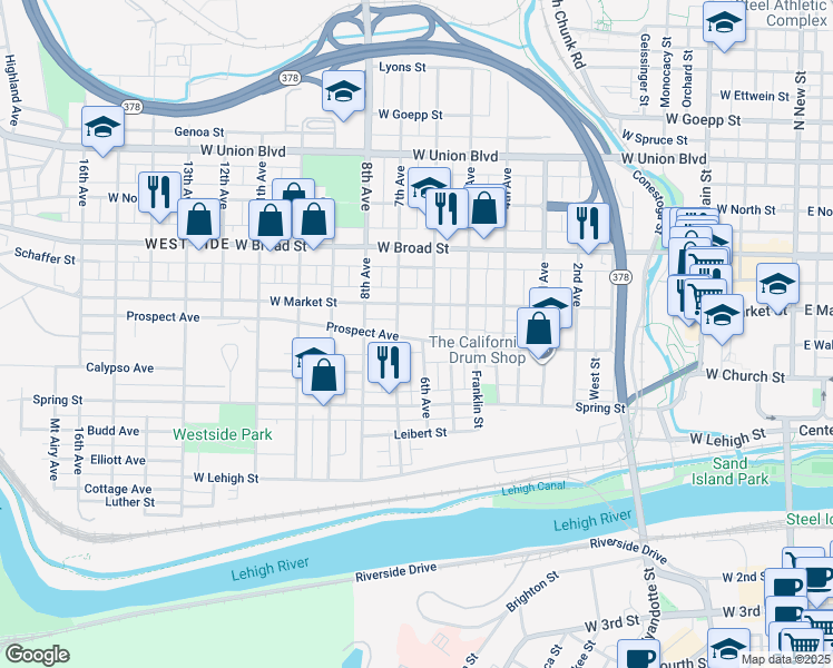 map of restaurants, bars, coffee shops, grocery stores, and more near 716 Prospect Avenue in Bethlehem