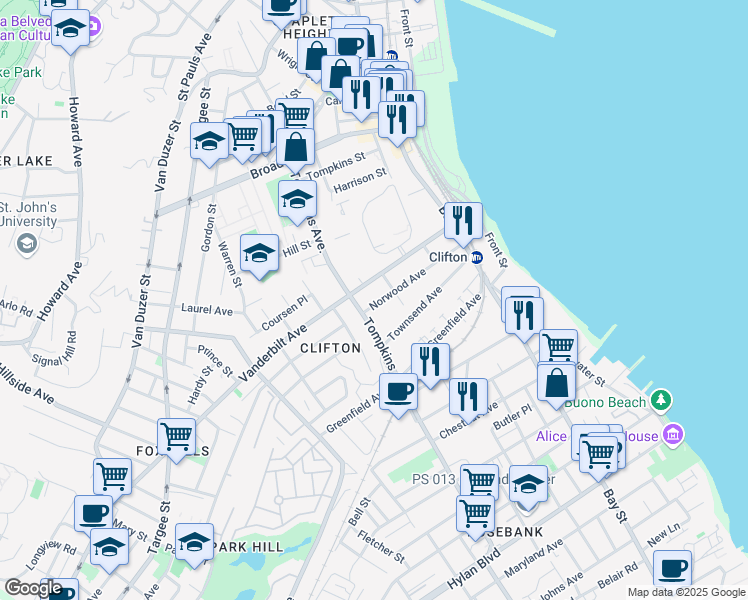 map of restaurants, bars, coffee shops, grocery stores, and more near 131 Norwood Avenue in Staten Island