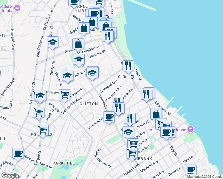map of restaurants, bars, coffee shops, grocery stores, and more near 241 Talbot Place in Staten Island