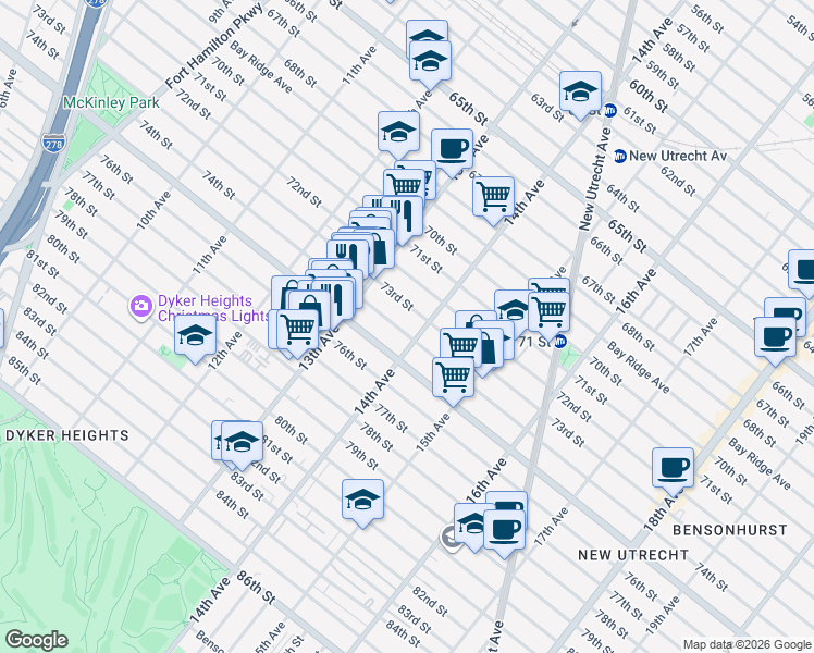 map of restaurants, bars, coffee shops, grocery stores, and more near 1354 74th Street in Brooklyn