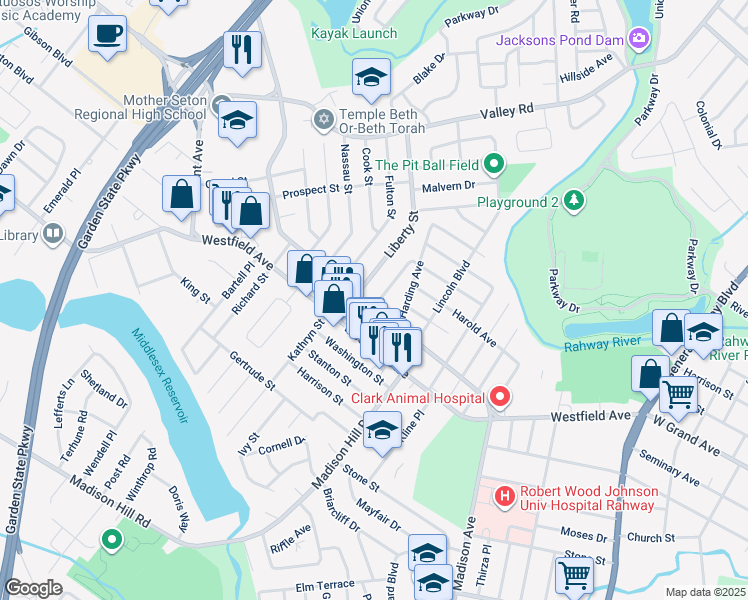 map of restaurants, bars, coffee shops, grocery stores, and more near 70 Broadway in Clark