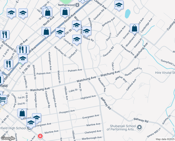 map of restaurants, bars, coffee shops, grocery stores, and more near 1508 Charlotte Road in Plainfield