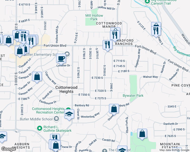 map of restaurants, bars, coffee shops, grocery stores, and more near 7226 South 2870 East in Cottonwood Heights