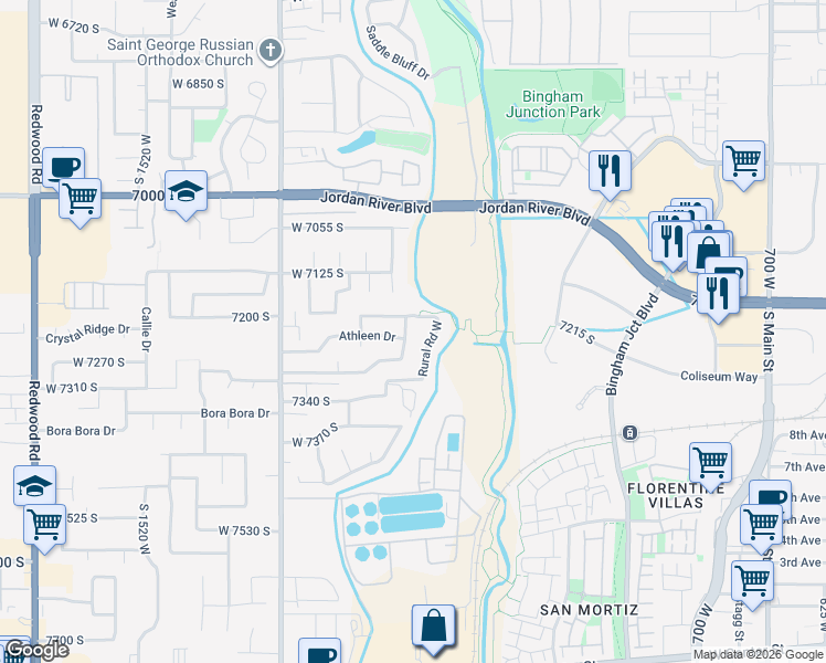 map of restaurants, bars, coffee shops, grocery stores, and more near 7215 Wimbledon Ridge Lane in West Jordan